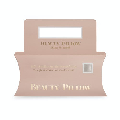 Beauty Pillow-verpakking met de tekst "Slaap je mooi" en voordelen voor glanzend haar en stralende huid.